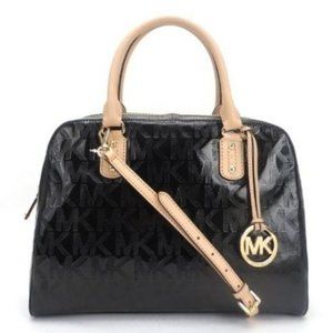 Michael Kors Black Patent Leather Monogram Boston Designer Handbag Purse Stachel